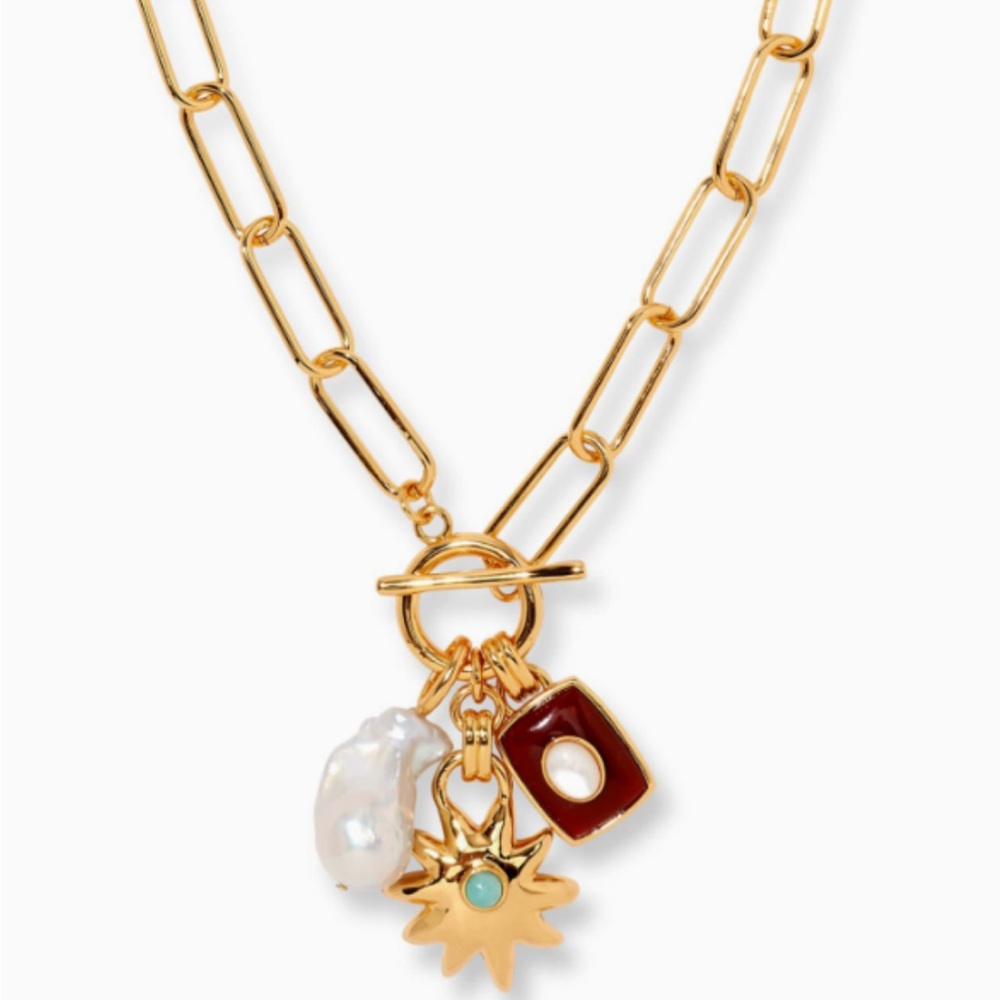 Gold Chain Charm Necklace with White Pearl, Red Enamel & Turquoise Accent